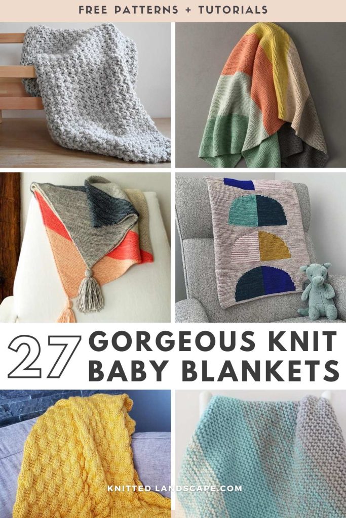A grid of knitted baby blanket patterns.