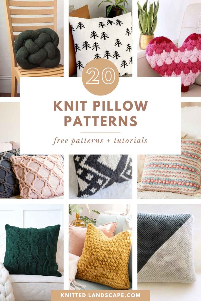 Hand knitted pillows in various colors and styles.